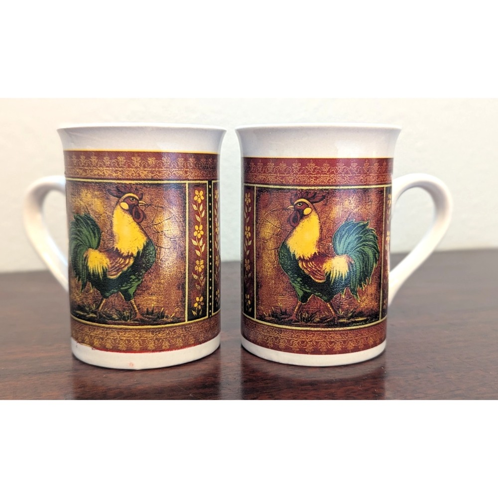 Vintage Bay Island Inc Rooster Coffee Tea Cup Mugs Farm Country Set of 2 8oz